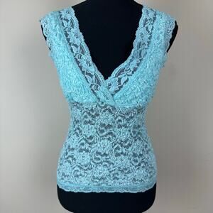 XOXO Womens Y2K Babydoll Lace Top Sheer Stretch Cami Size L Coachella Vintage